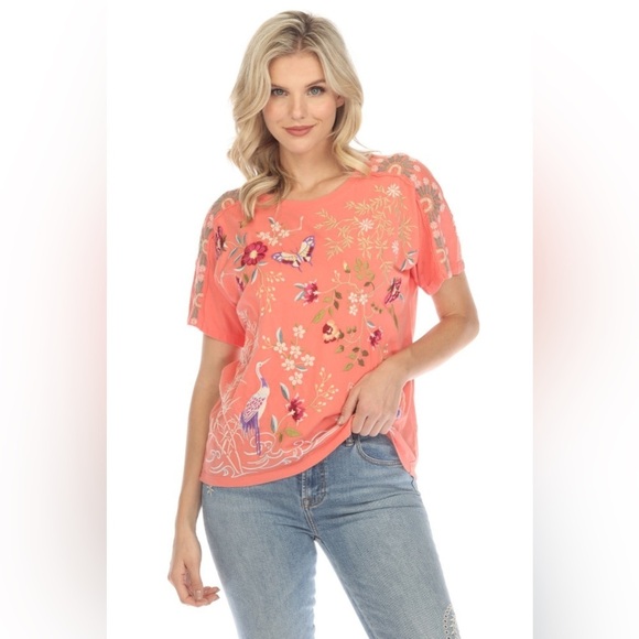 Johnny Was Tops - NWT Johnny Was Osaka Raw Seam Dolman Tee in Living Coral Embroidered T-Shirt XS